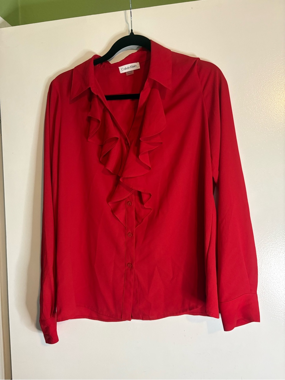 Calvin Klein Red Ruffle-Front Button Down Shirt